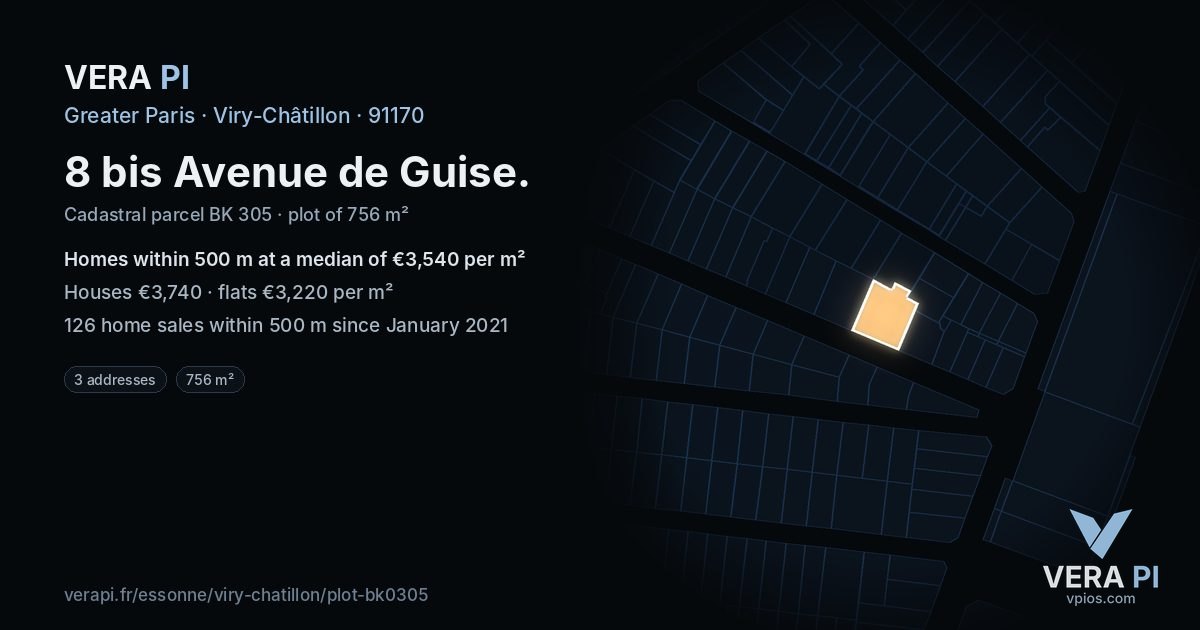 8 bis Avenue de Guise, Viry-Châtillon at night – the plot lit, the parcels around coloured by the prices near them