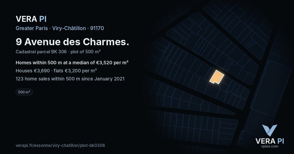 9 Avenue des Charmes, Viry-Châtillon at night – the plot lit, the parcels around coloured by the prices near them