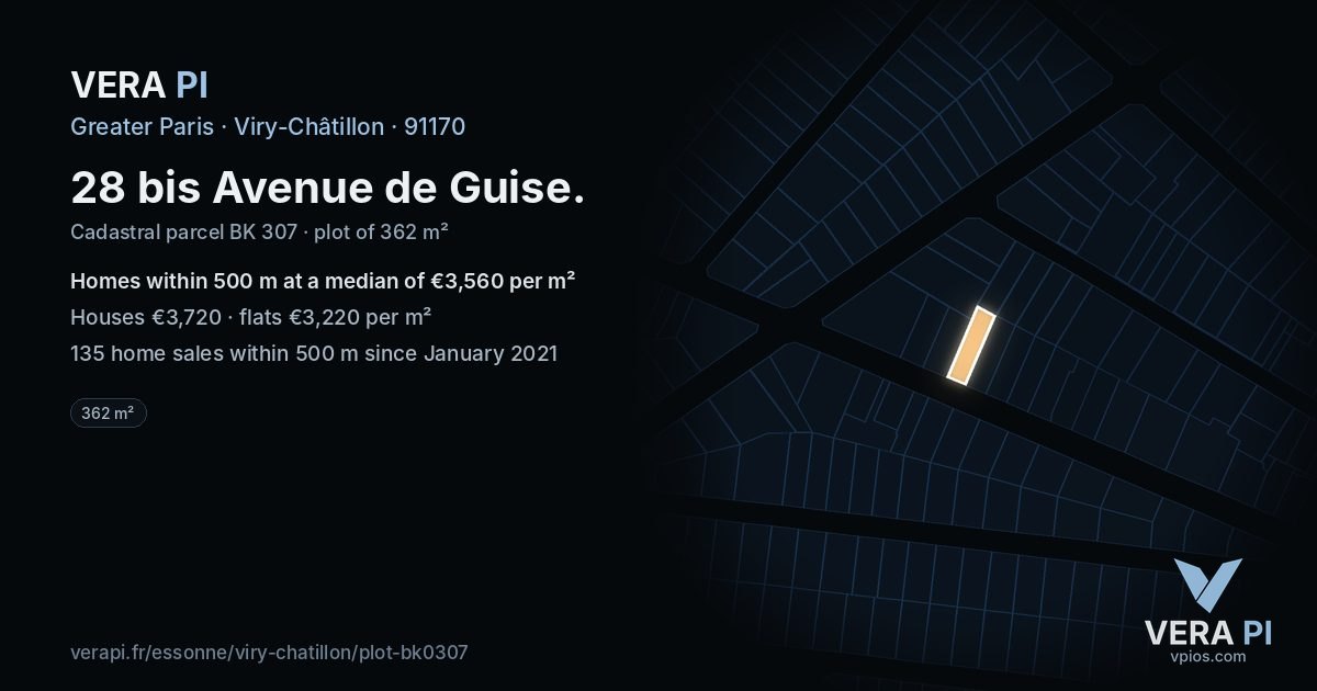 28 bis Avenue de Guise, Viry-Châtillon at night – the plot lit, the parcels around coloured by the prices near them