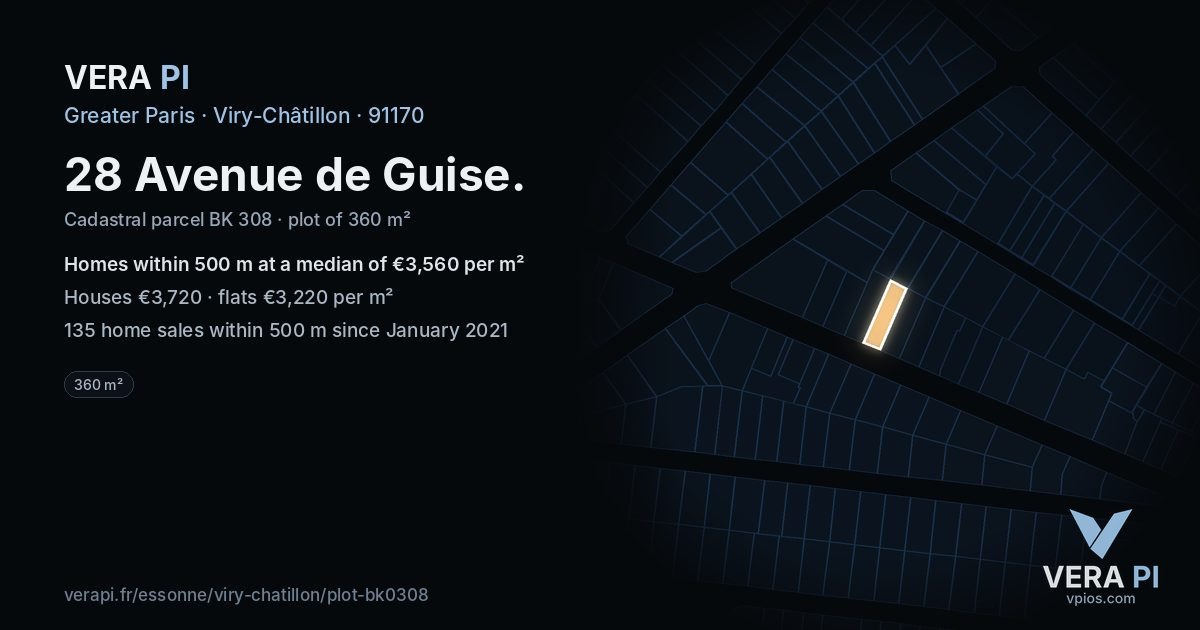 28 Avenue de Guise, Viry-Châtillon at night – the plot lit, the parcels around coloured by the prices near them
