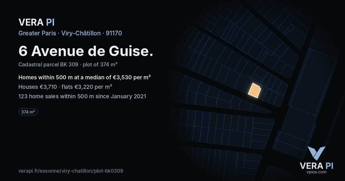 6 Avenue de Guise, Viry-Châtillon at night – the plot lit, the parcels around coloured by the prices near them