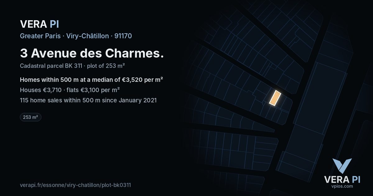 3 Avenue des Charmes, Viry-Châtillon at night – the plot lit, the parcels around coloured by the prices near them
