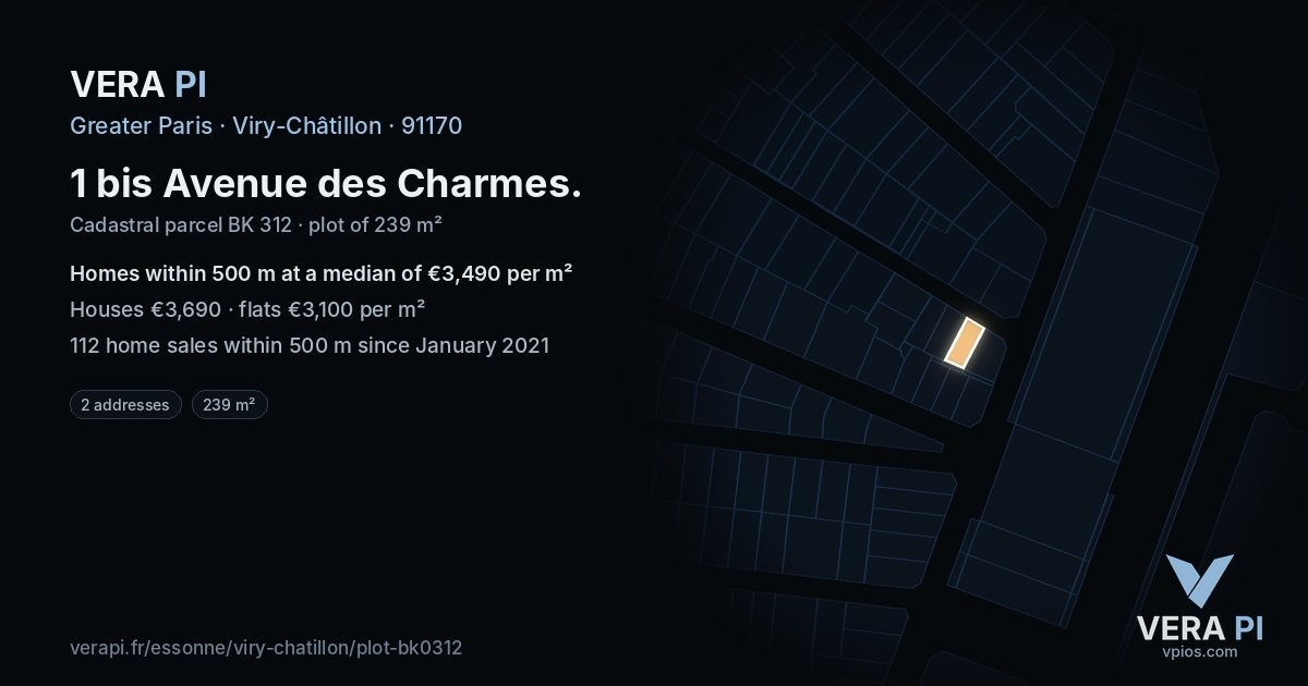 1 bis Avenue des Charmes, Viry-Châtillon at night – the plot lit, the parcels around coloured by the prices near them