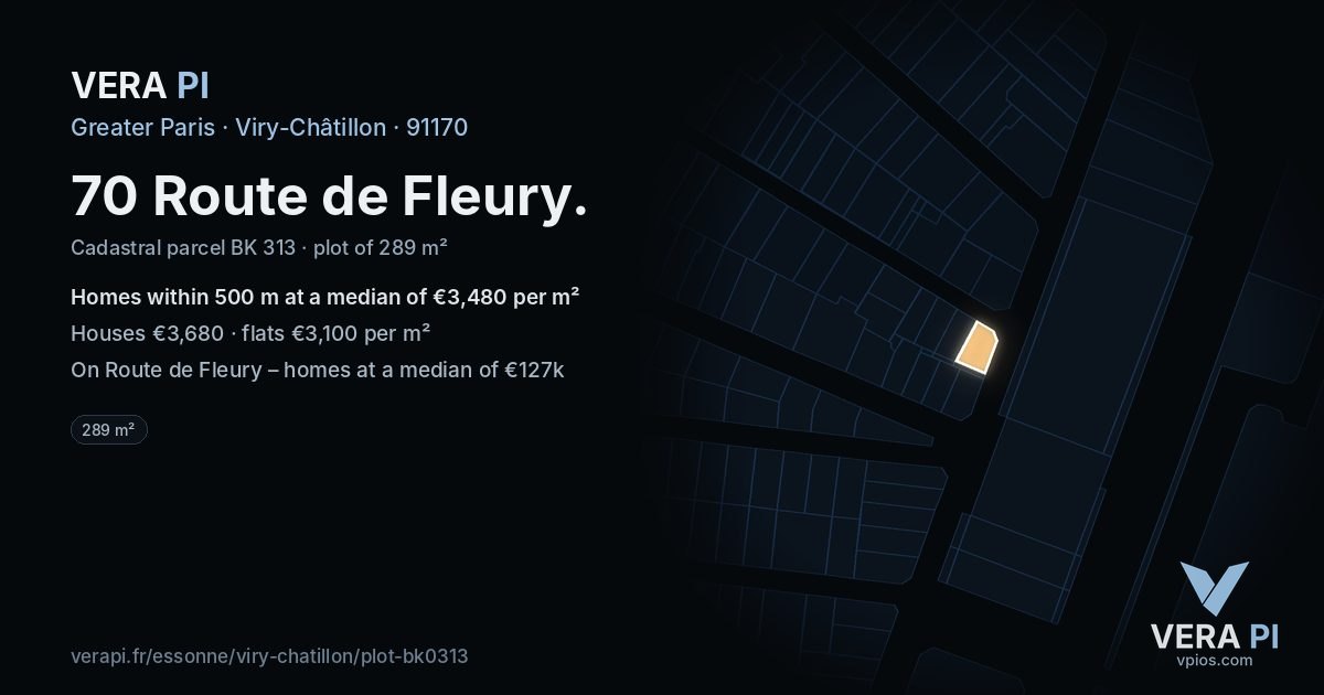 70 Route de Fleury, Viry-Châtillon at night – the plot lit, the parcels around coloured by the prices near them