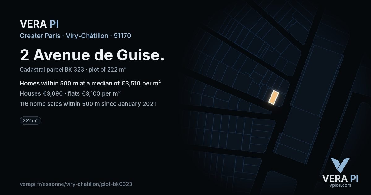 2 Avenue de Guise, Viry-Châtillon at night – the plot lit, the parcels around coloured by the prices near them