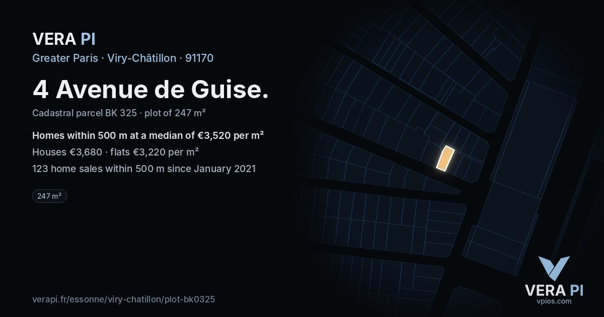 4 Avenue de Guise, Viry-Châtillon at night – the plot lit, the parcels around coloured by the prices near them