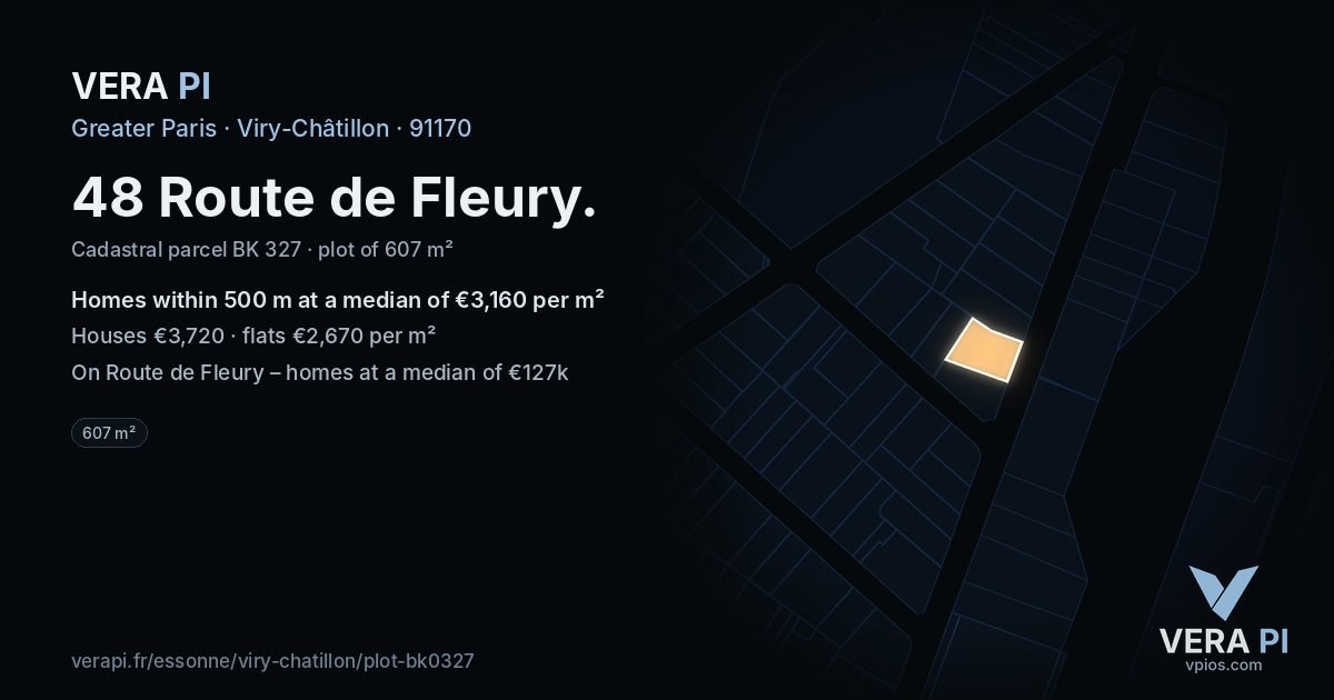 48 Route de Fleury, Viry-Châtillon at night – the plot lit, the parcels around coloured by the prices near them