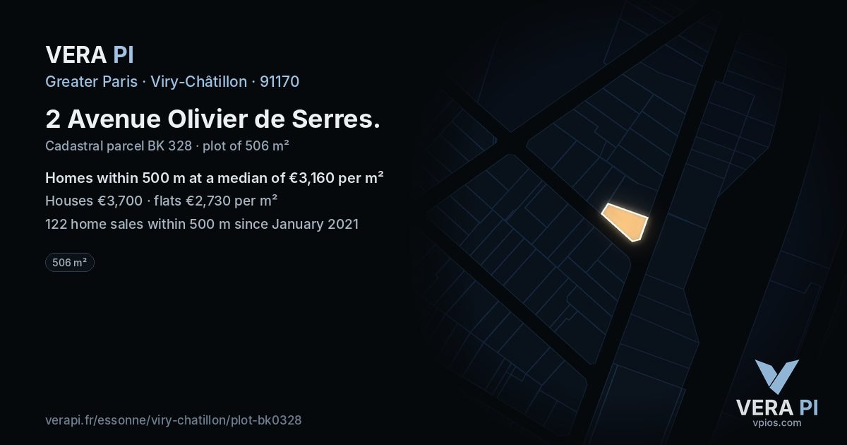 2 Avenue Olivier de Serres, Viry-Châtillon at night – the plot lit, the parcels around coloured by the prices near them