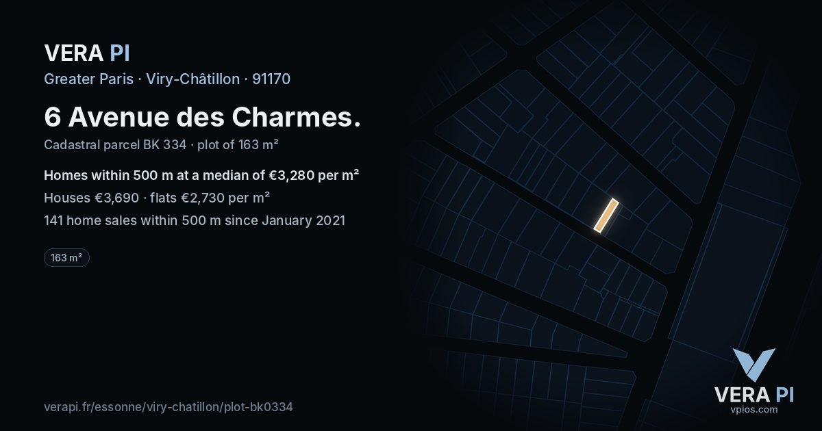 6 Avenue des Charmes, Viry-Châtillon at night – the plot lit, the parcels around coloured by the prices near them