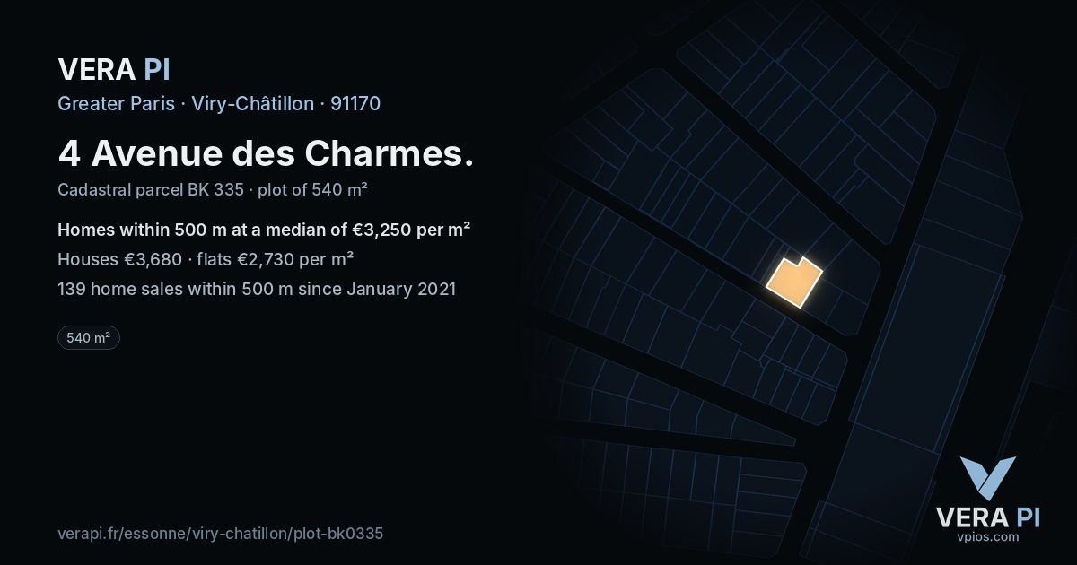 4 Avenue des Charmes, Viry-Châtillon at night – the plot lit, the parcels around coloured by the prices near them