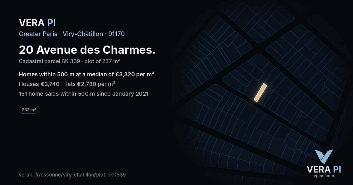 20 Avenue des Charmes, Viry-Châtillon at night – the plot lit, the parcels around coloured by the prices near them