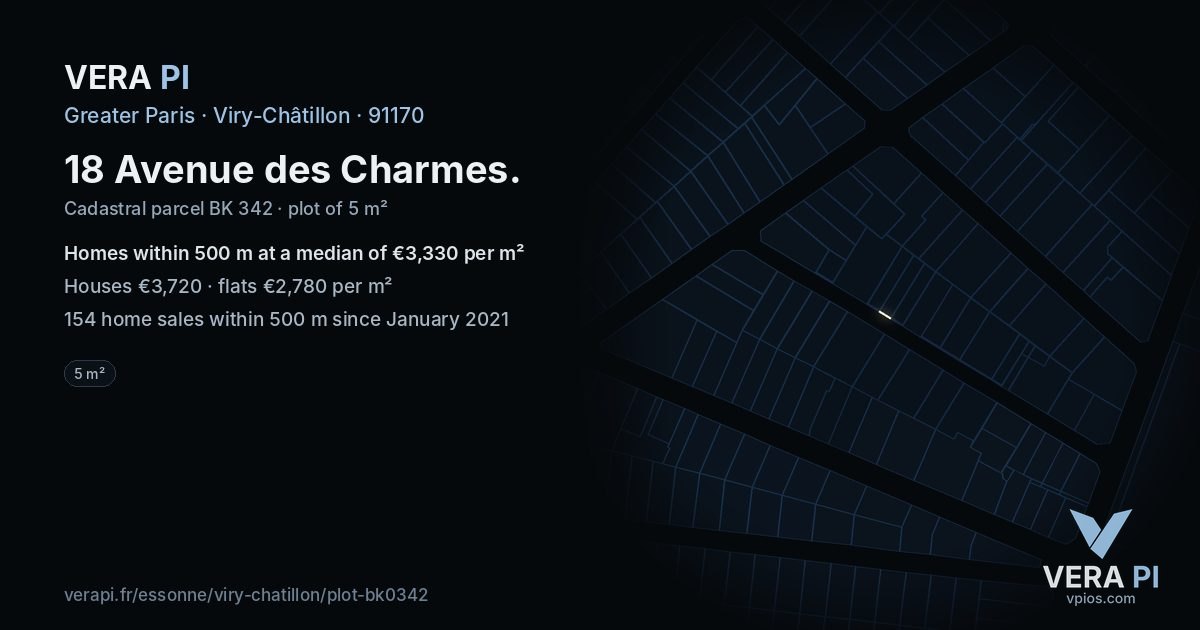 18 Avenue des Charmes, Viry-Châtillon at night – the plot lit, the parcels around coloured by the prices near them