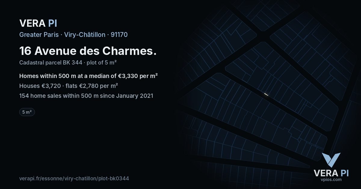 16 Avenue des Charmes, Viry-Châtillon at night – the plot lit, the parcels around coloured by the prices near them