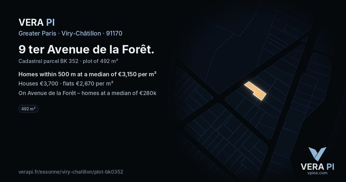 9 ter Avenue de la Forêt, Viry-Châtillon at night – the plot lit, the parcels around coloured by the prices near them