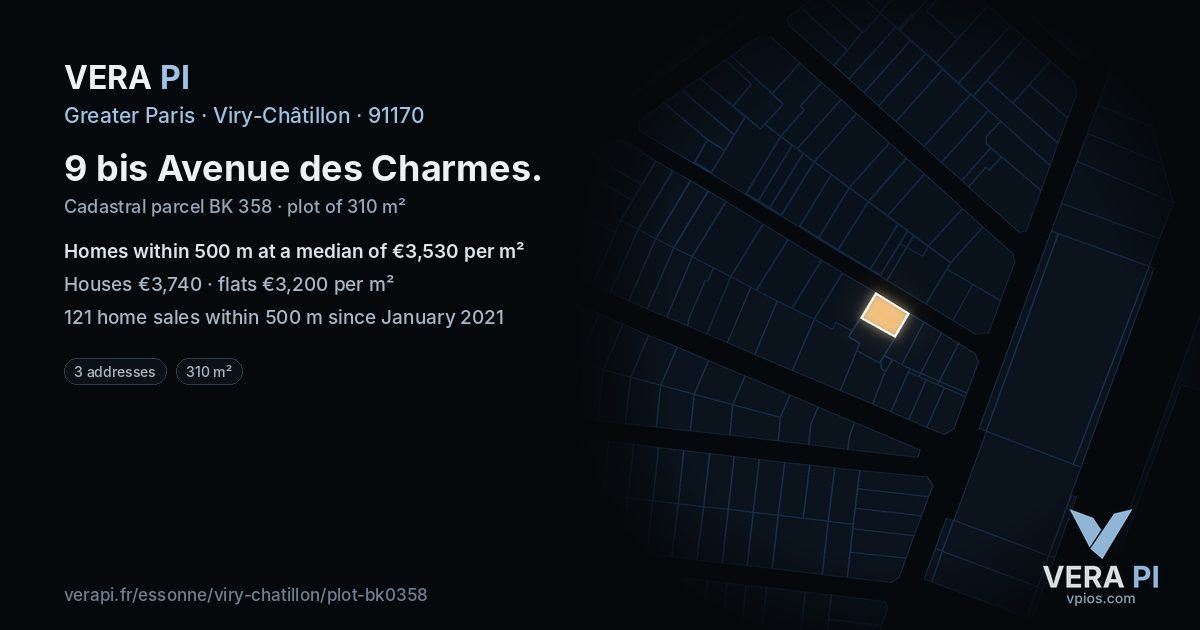 9 bis Avenue des Charmes, Viry-Châtillon at night – the plot lit, the parcels around coloured by the prices near them