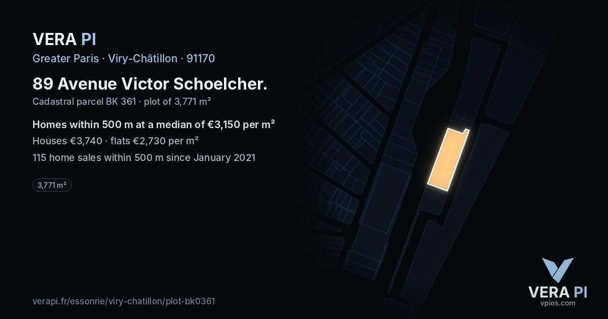 89 Avenue Victor Schoelcher, Viry-Châtillon at night – the plot lit, the parcels around coloured by the prices near them