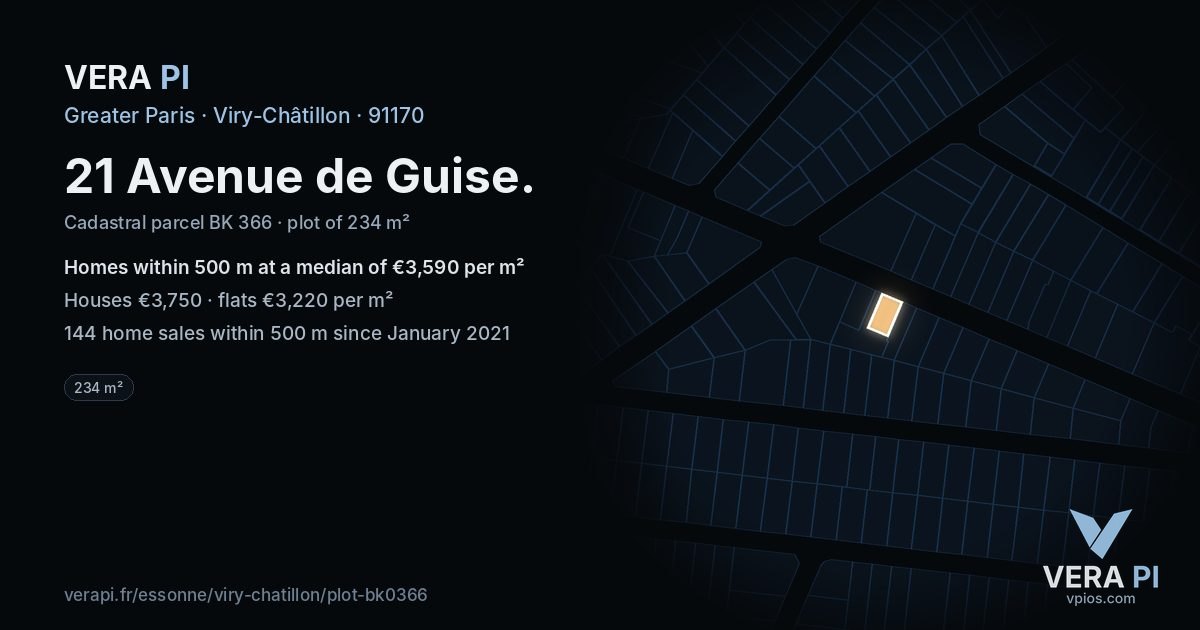 21 Avenue de Guise, Viry-Châtillon at night – the plot lit, the parcels around coloured by the prices near them