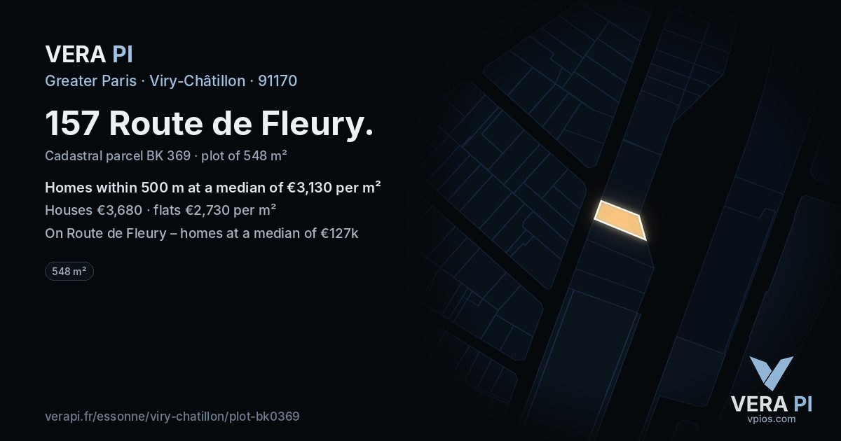157 Route de Fleury, Viry-Châtillon at night – the plot lit, the parcels around coloured by the prices near them