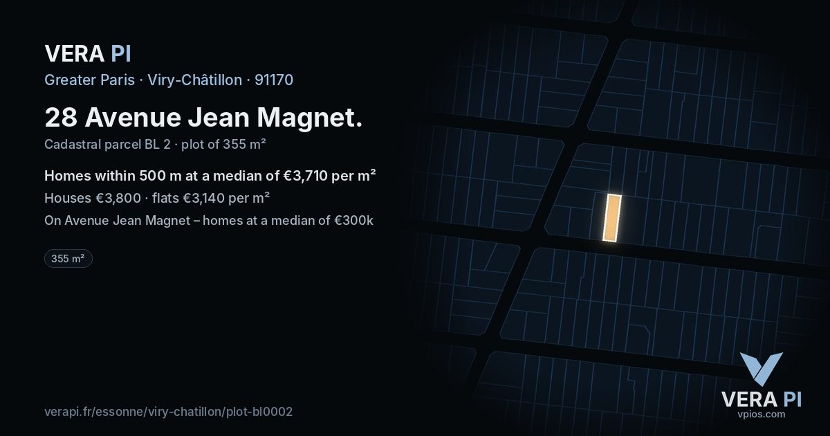 28 Avenue Jean Magnet, Viry-Châtillon at night – the plot lit, the parcels around coloured by the prices near them