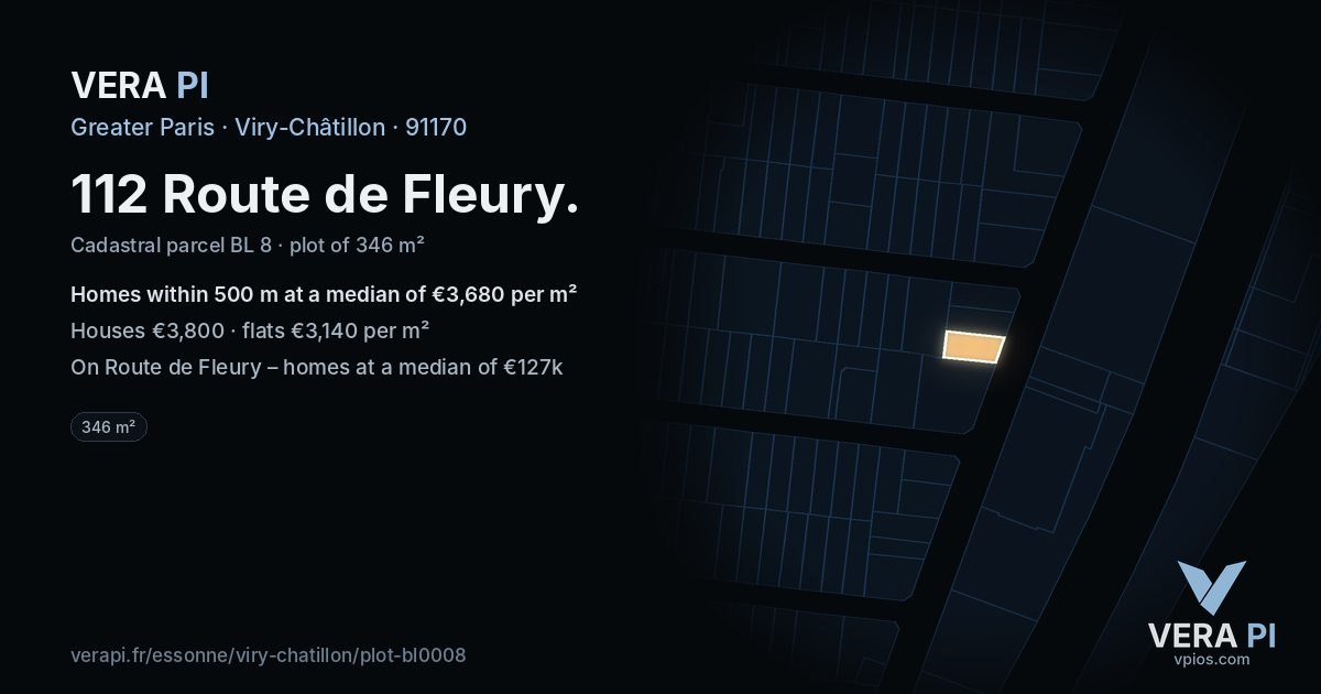 112 Route de Fleury, Viry-Châtillon at night – the plot lit, the parcels around coloured by the prices near them