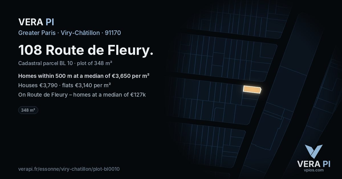108 Route de Fleury, Viry-Châtillon at night – the plot lit, the parcels around coloured by the prices near them