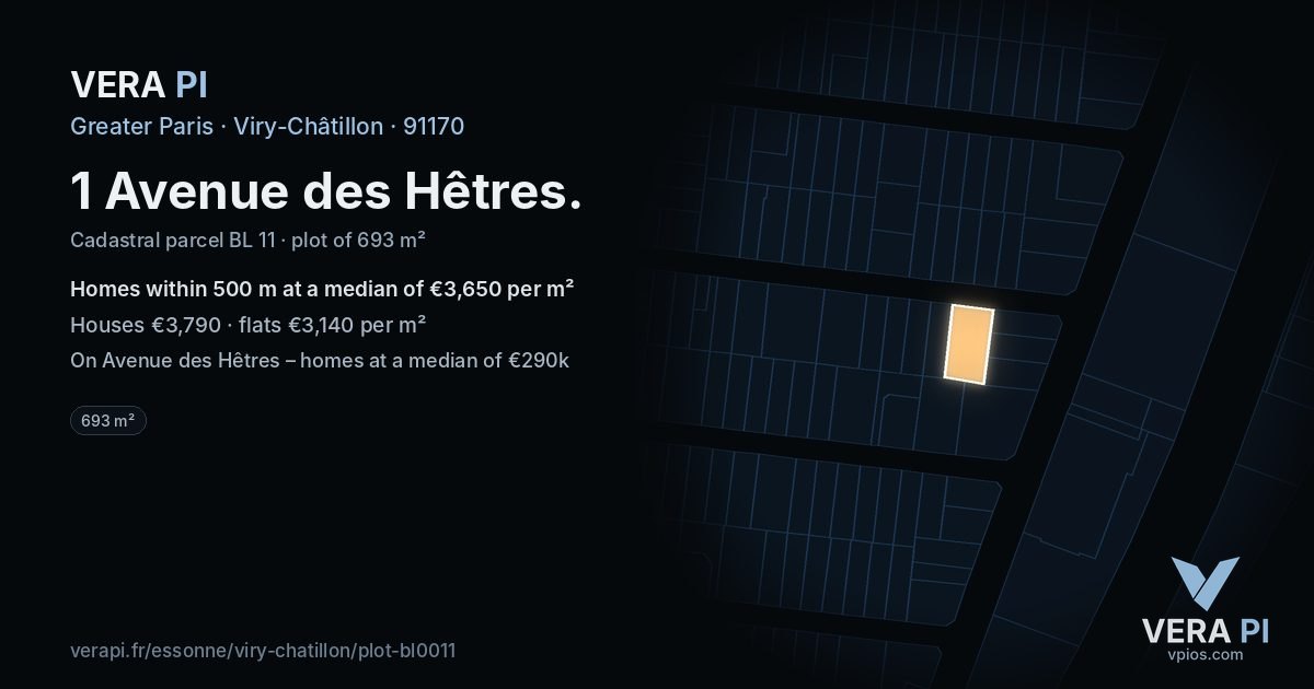 1 Avenue des Hêtres, Viry-Châtillon at night – the plot lit, the parcels around coloured by the prices near them