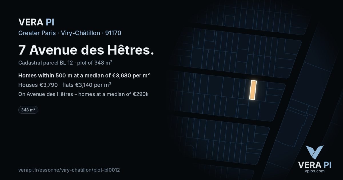 7 Avenue des Hêtres, Viry-Châtillon at night – the plot lit, the parcels around coloured by the prices near them