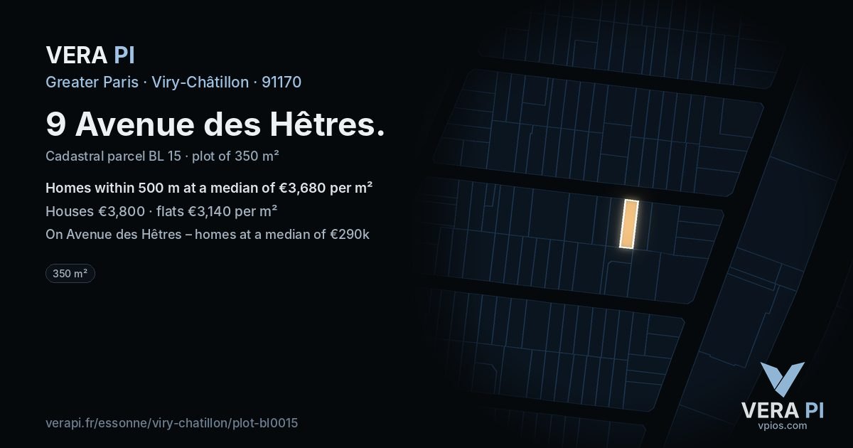 9 Avenue des Hêtres, Viry-Châtillon at night – the plot lit, the parcels around coloured by the prices near them