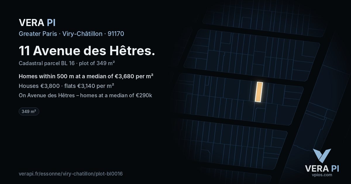 11 Avenue des Hêtres, Viry-Châtillon at night – the plot lit, the parcels around coloured by the prices near them