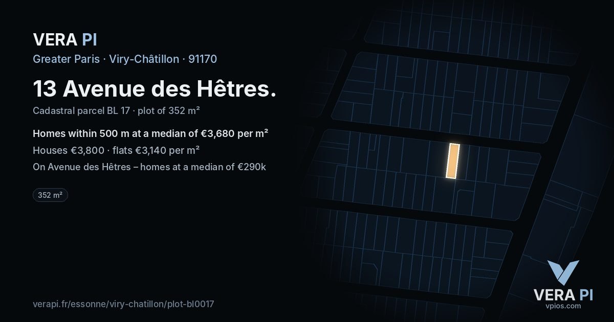 13 Avenue des Hêtres, Viry-Châtillon at night – the plot lit, the parcels around coloured by the prices near them