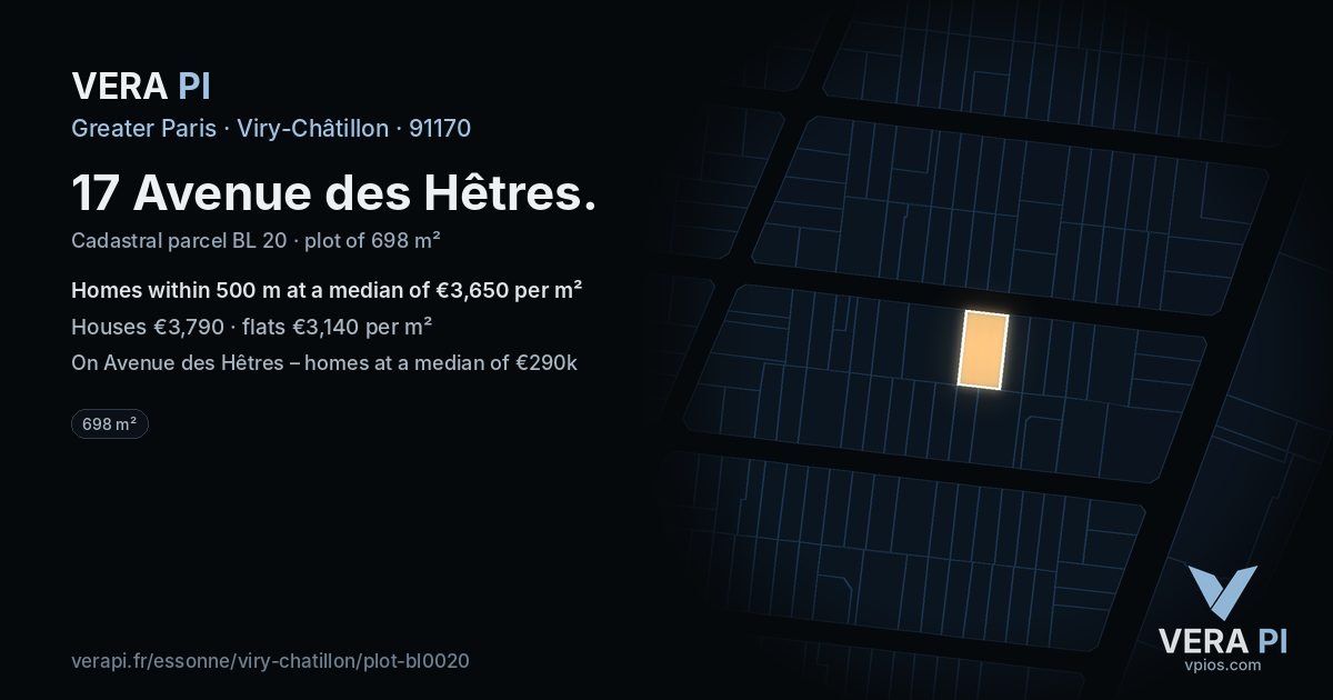 17 Avenue des Hêtres, Viry-Châtillon at night – the plot lit, the parcels around coloured by the prices near them