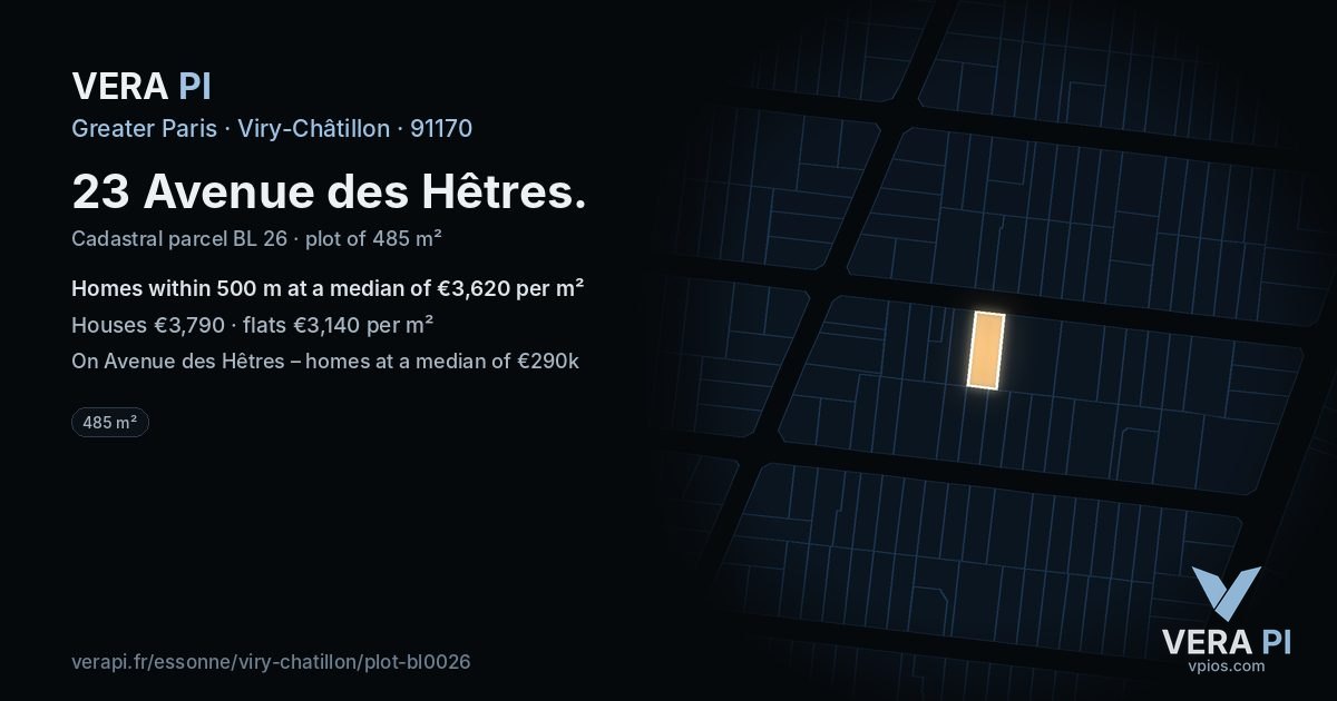 23 Avenue des Hêtres, Viry-Châtillon at night – the plot lit, the parcels around coloured by the prices near them