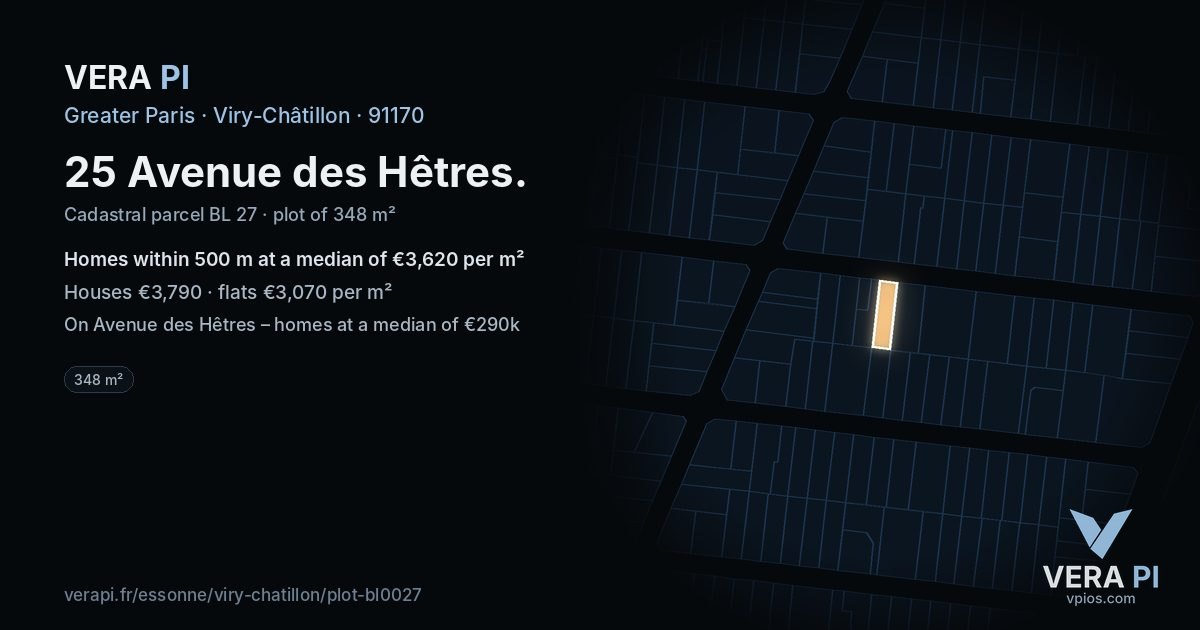 25 Avenue des Hêtres, Viry-Châtillon at night – the plot lit, the parcels around coloured by the prices near them