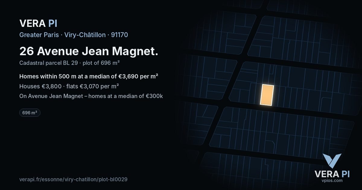 26 Avenue Jean Magnet, Viry-Châtillon at night – the plot lit, the parcels around coloured by the prices near them