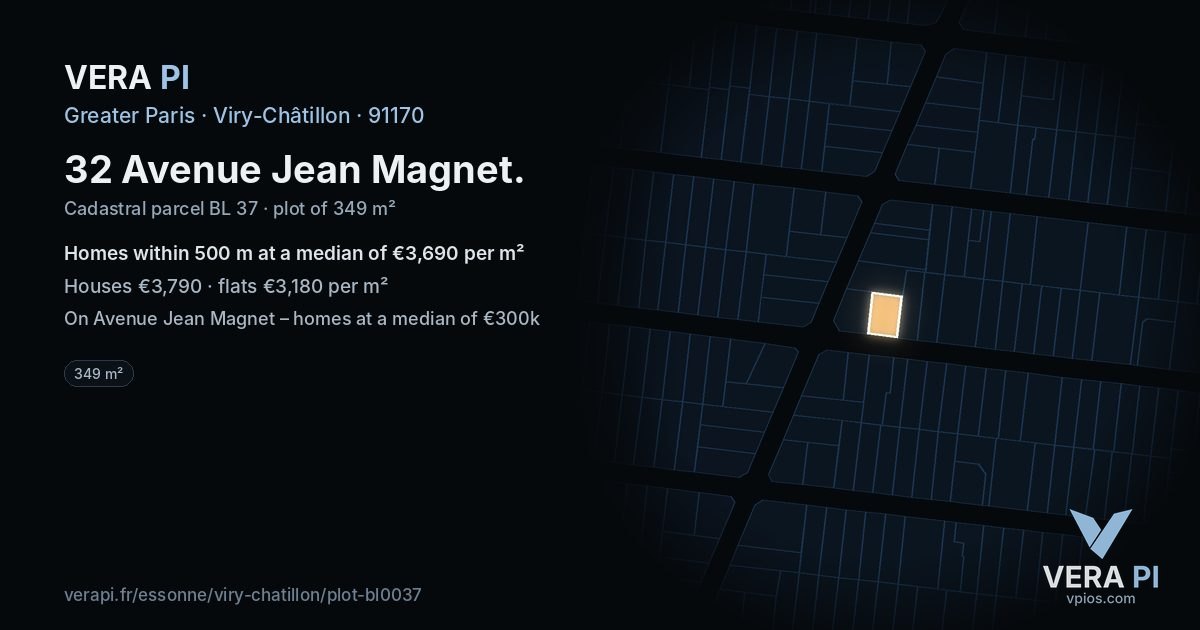 32 Avenue Jean Magnet, Viry-Châtillon at night – the plot lit, the parcels around coloured by the prices near them