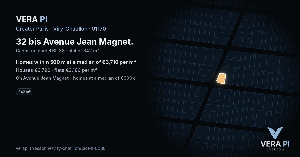 32 bis Avenue Jean Magnet, Viry-Châtillon at night – the plot lit, the parcels around coloured by the prices near them