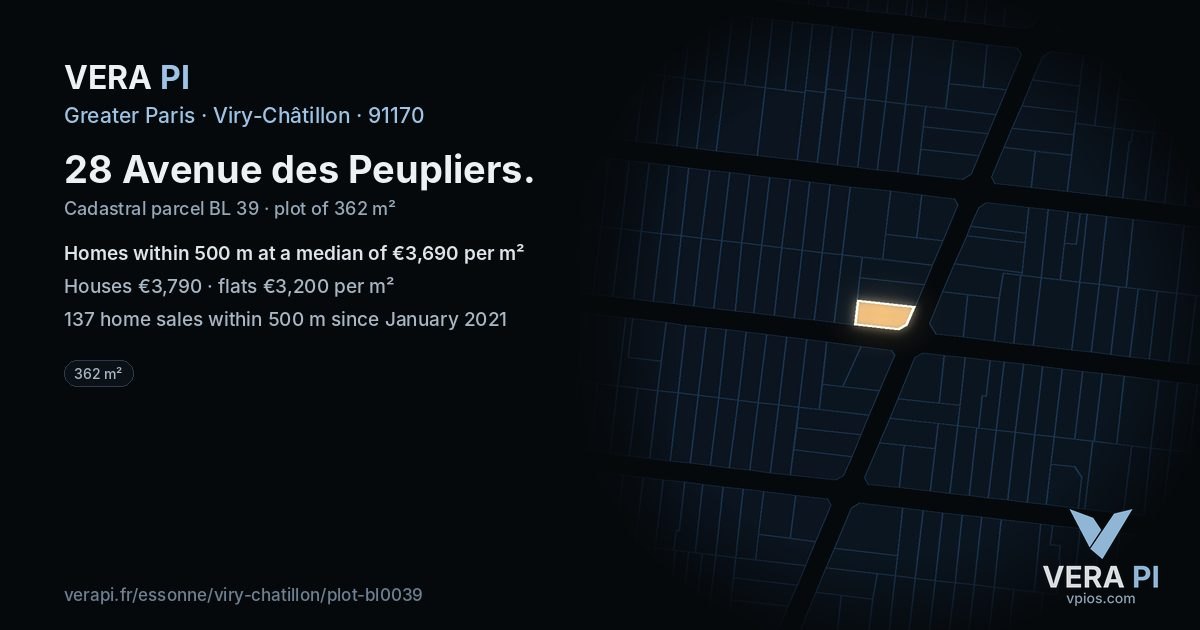 28 Avenue des Peupliers, Viry-Châtillon at night – the plot lit, the parcels around coloured by the prices near them