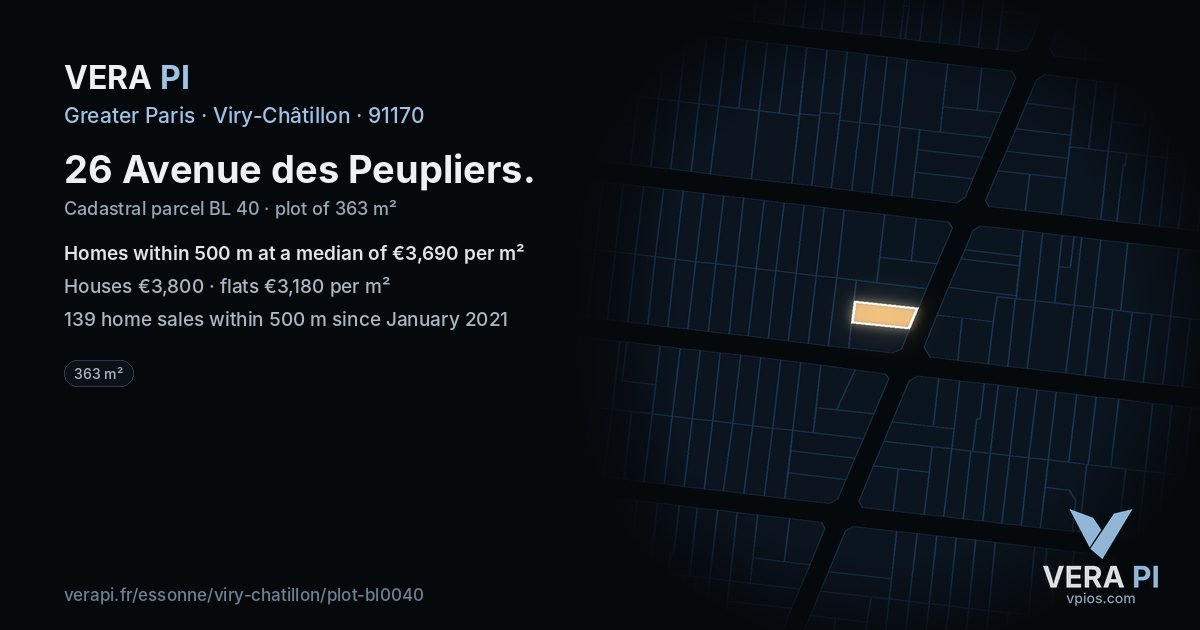 26 Avenue des Peupliers, Viry-Châtillon at night – the plot lit, the parcels around coloured by the prices near them