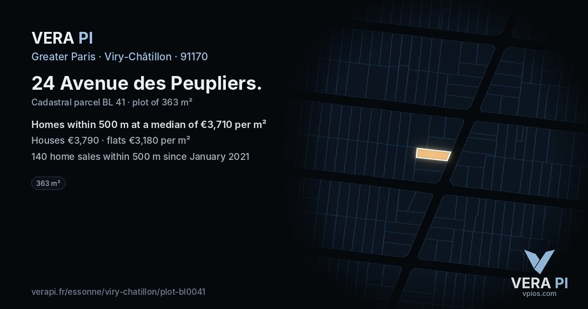 24 Avenue des Peupliers, Viry-Châtillon at night – the plot lit, the parcels around coloured by the prices near them