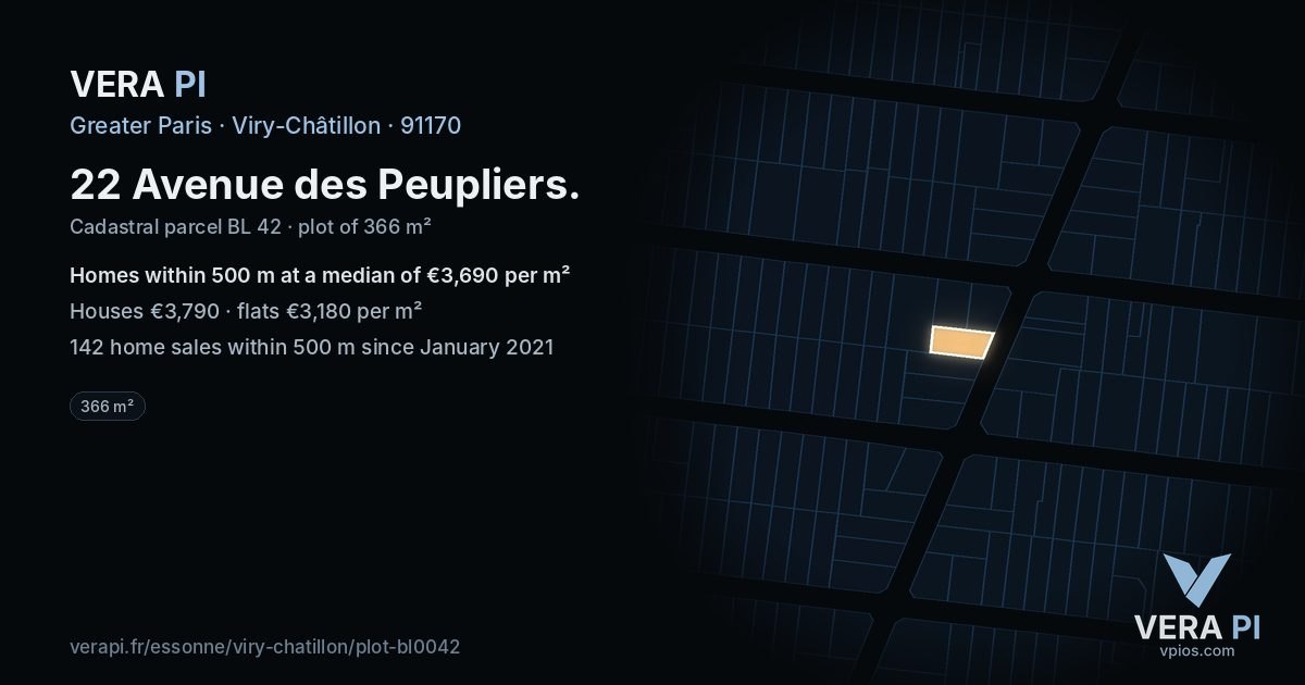 22 Avenue des Peupliers, Viry-Châtillon at night – the plot lit, the parcels around coloured by the prices near them