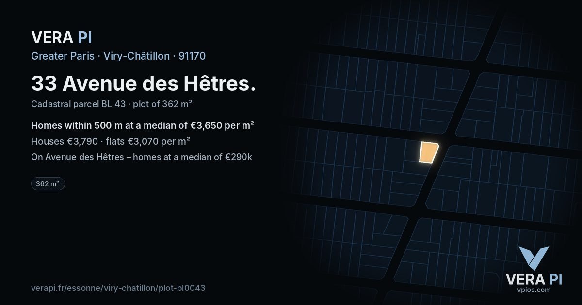 33 Avenue des Hêtres, Viry-Châtillon at night – the plot lit, the parcels around coloured by the prices near them