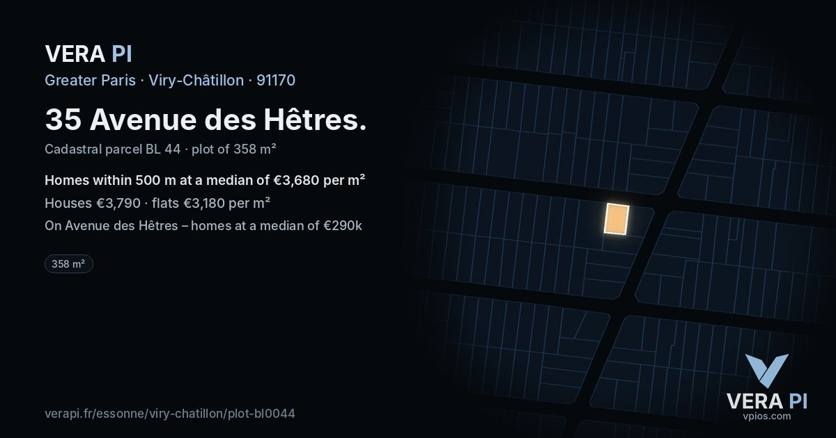 35 Avenue des Hêtres, Viry-Châtillon at night – the plot lit, the parcels around coloured by the prices near them