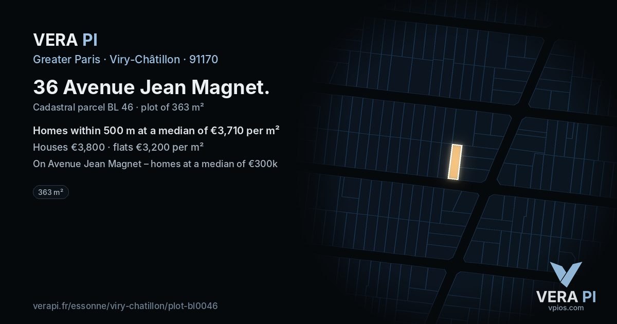 36 Avenue Jean Magnet, Viry-Châtillon at night – the plot lit, the parcels around coloured by the prices near them