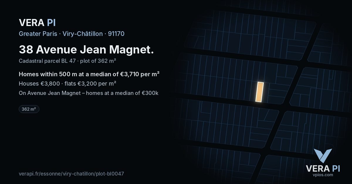 38 Avenue Jean Magnet, Viry-Châtillon at night – the plot lit, the parcels around coloured by the prices near them