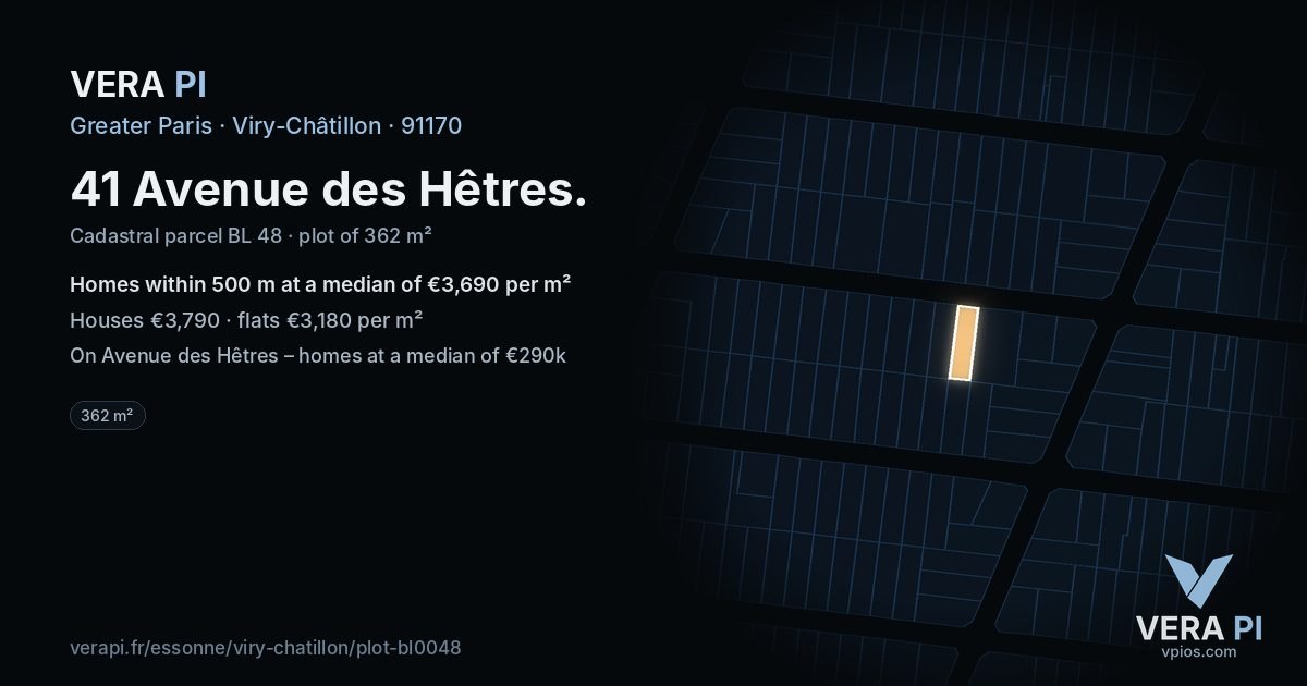 41 Avenue des Hêtres, Viry-Châtillon at night – the plot lit, the parcels around coloured by the prices near them
