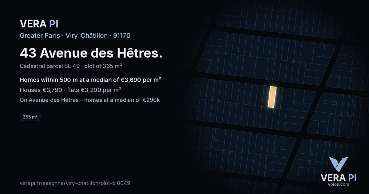 43 Avenue des Hêtres, Viry-Châtillon at night – the plot lit, the parcels around coloured by the prices near them