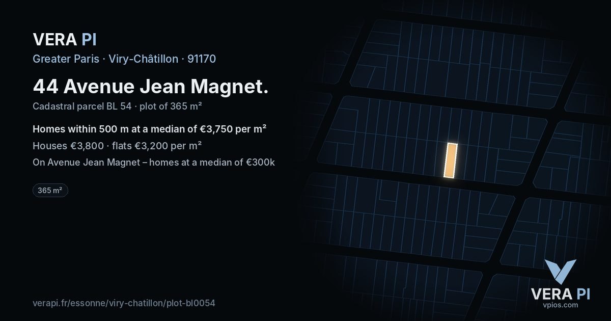 44 Avenue Jean Magnet, Viry-Châtillon at night – the plot lit, the parcels around coloured by the prices near them