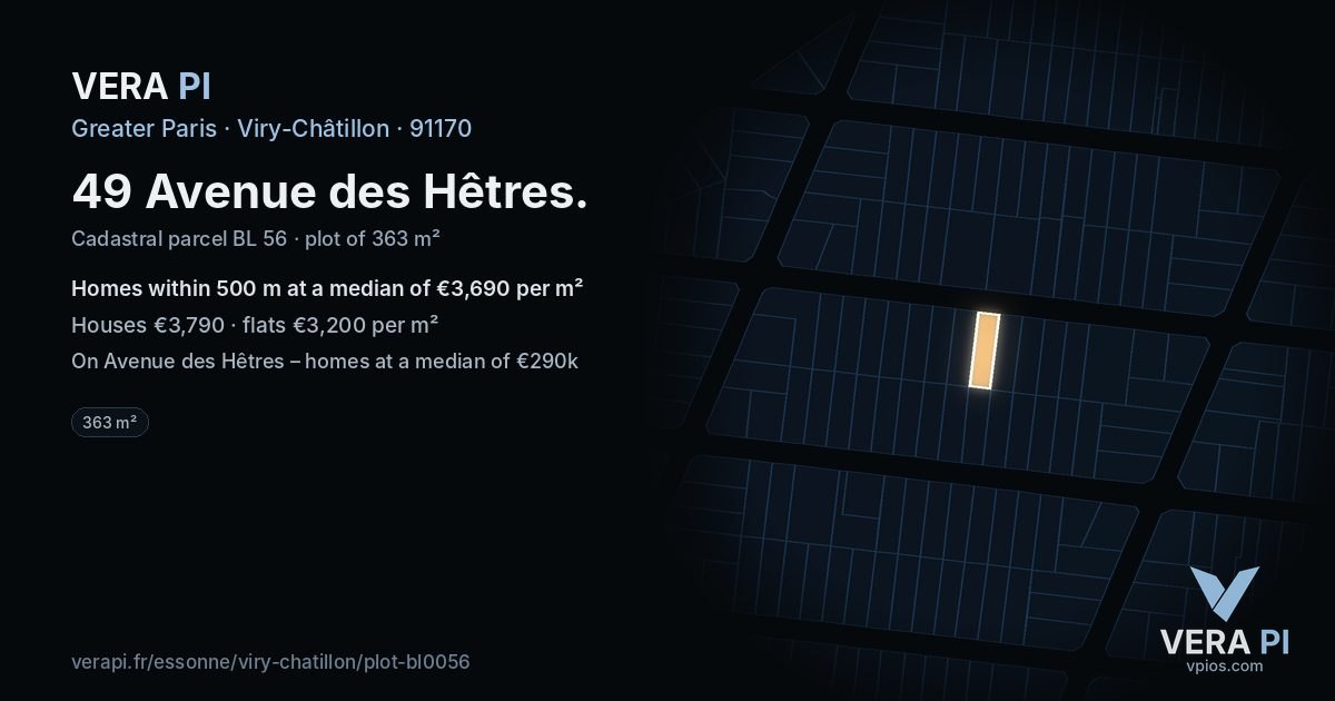 49 Avenue des Hêtres, Viry-Châtillon at night – the plot lit, the parcels around coloured by the prices near them