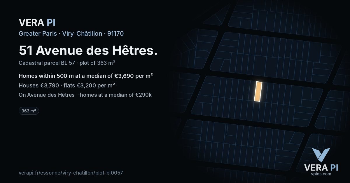 51 Avenue des Hêtres, Viry-Châtillon at night – the plot lit, the parcels around coloured by the prices near them