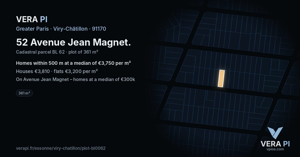 52 Avenue Jean Magnet, Viry-Châtillon at night – the plot lit, the parcels around coloured by the prices near them